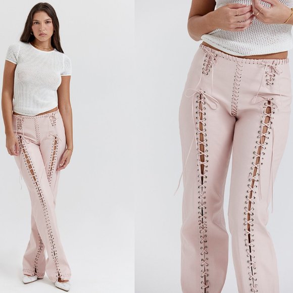 HOUSE OF CB 'Elliot' Peach Vegan Leather Lace Up Trousers NWOT - Picture 3 of 9